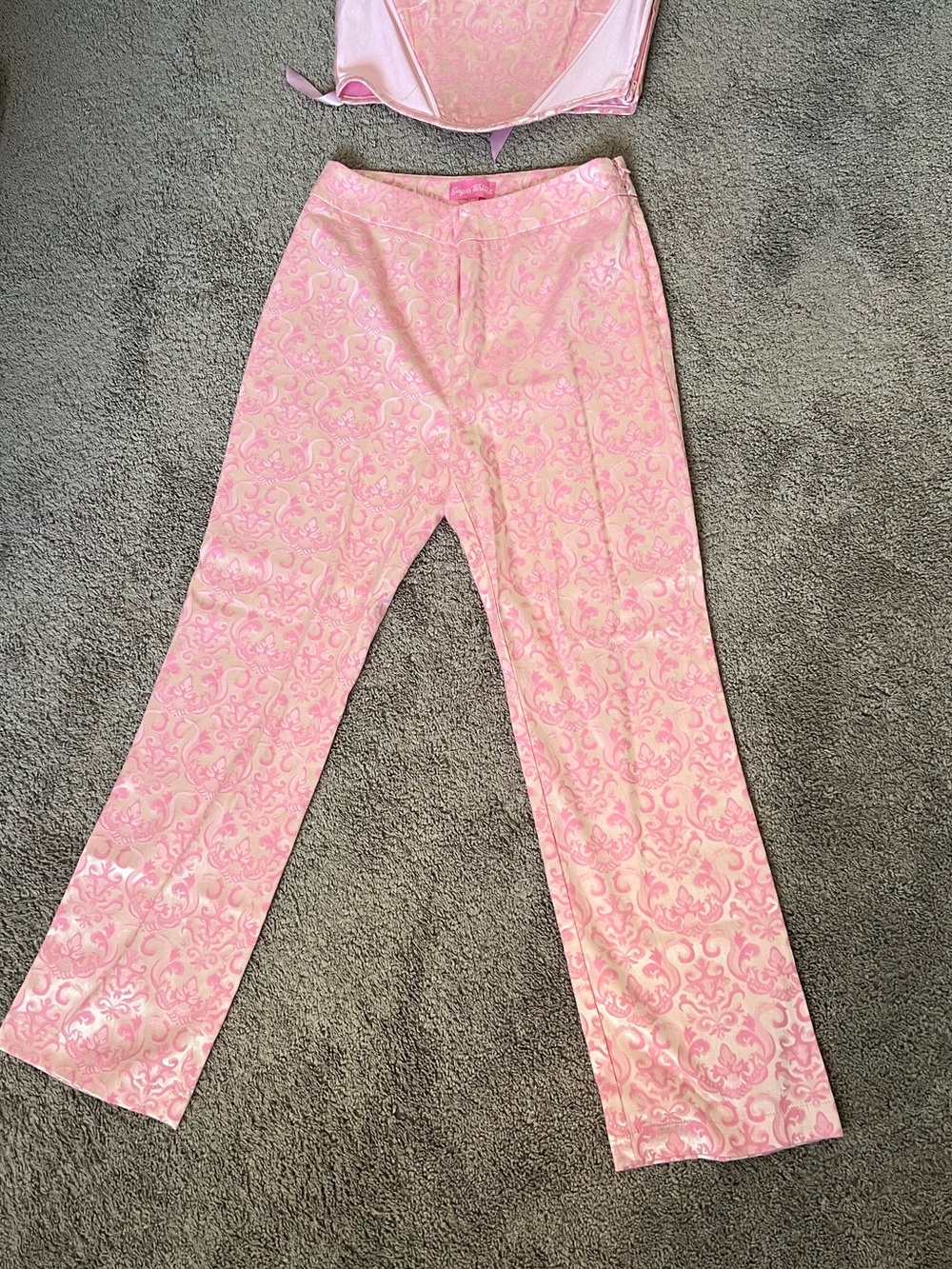 Pink Brocade High-Waist Straight-Leg Pants